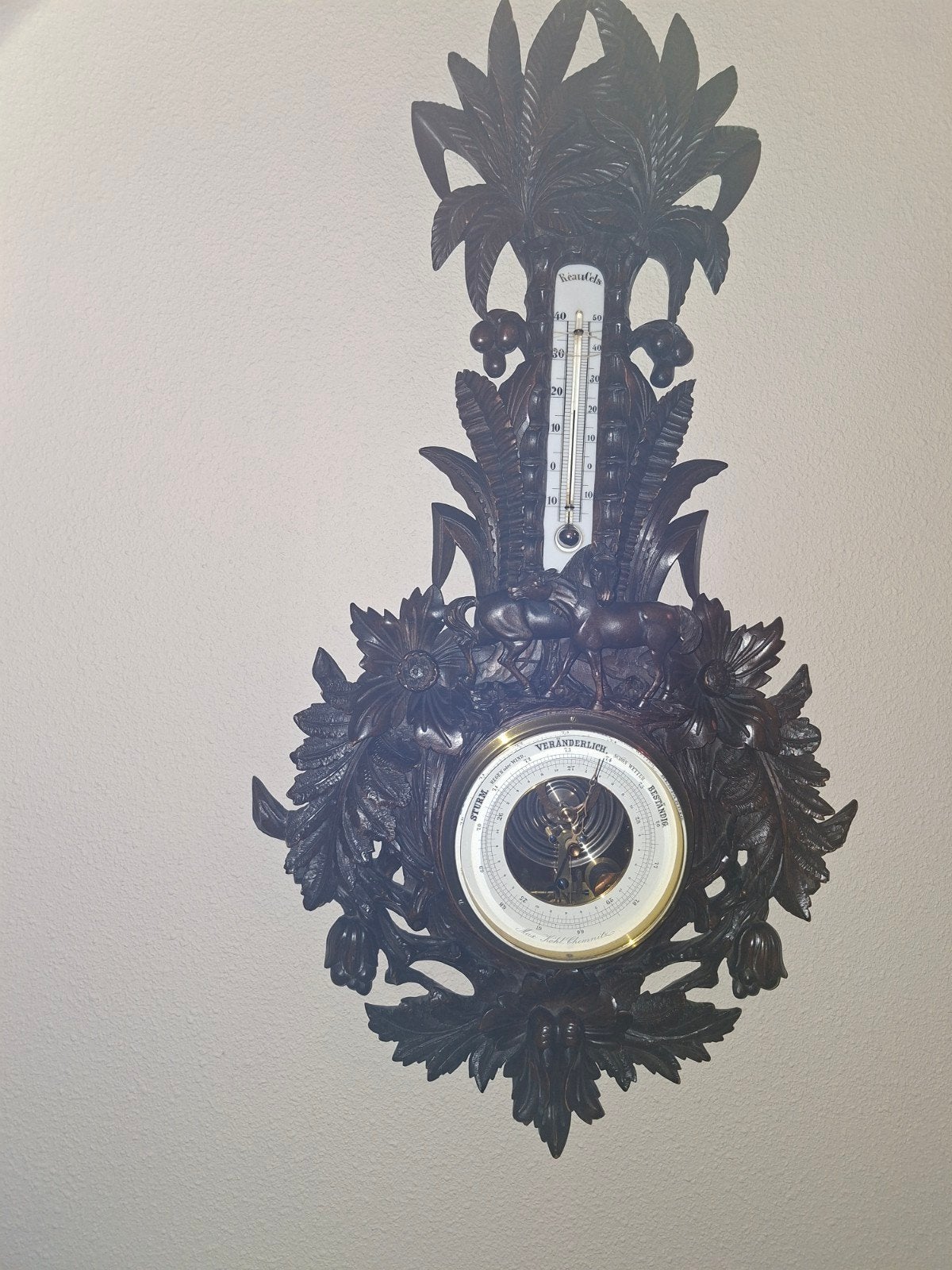Antieke Barometer/Thermometer met Houtsnijwerk, Ophalen of Verzenden, Gebruikt, Barometer