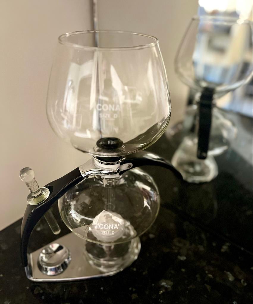 Nieuwe Cona size D Genius All-Glass koffiezetter met kopjes, Overige modellen, ., Nieuw, Gemalen koffie