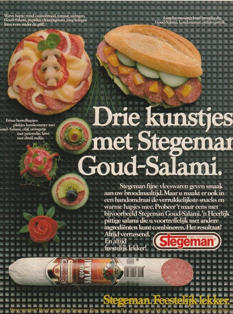 Retro reclame 1986 Stegeman kunstjes met goud salami, Verzenden, Overige typen