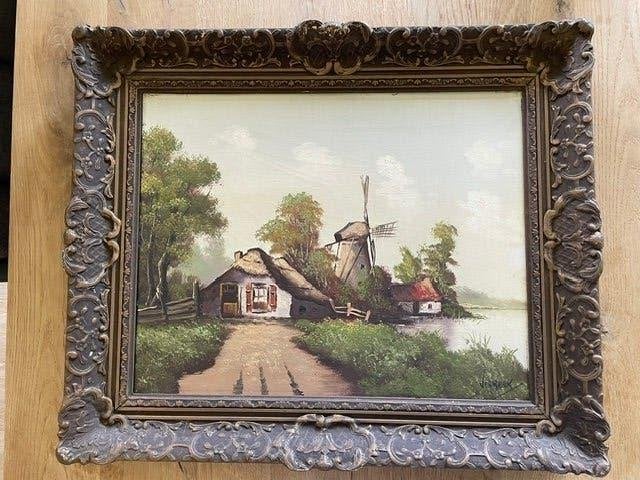 Oud Hollands Landschap met Molen - Gesigneerd, Antiek en Kunst, Kunst | Schilderijen | Klassiek, Ophalen, Doek, Landschap, Olieverf