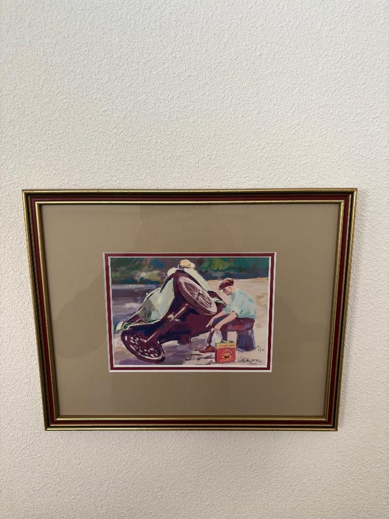 Zeefdruk Ad van Bokhoven van een klassieke auto voor Shell., Antiek en Kunst, Ophalen of Verzenden