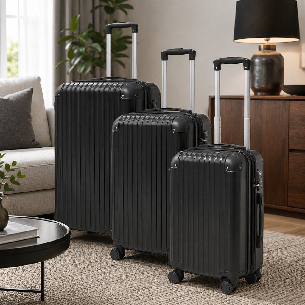 Nieuwe Kofferset 3-delig zwart ABS – trolley koffers, Wieltjes, Hard kunststof, 45 tot 55 cm, Nieuw