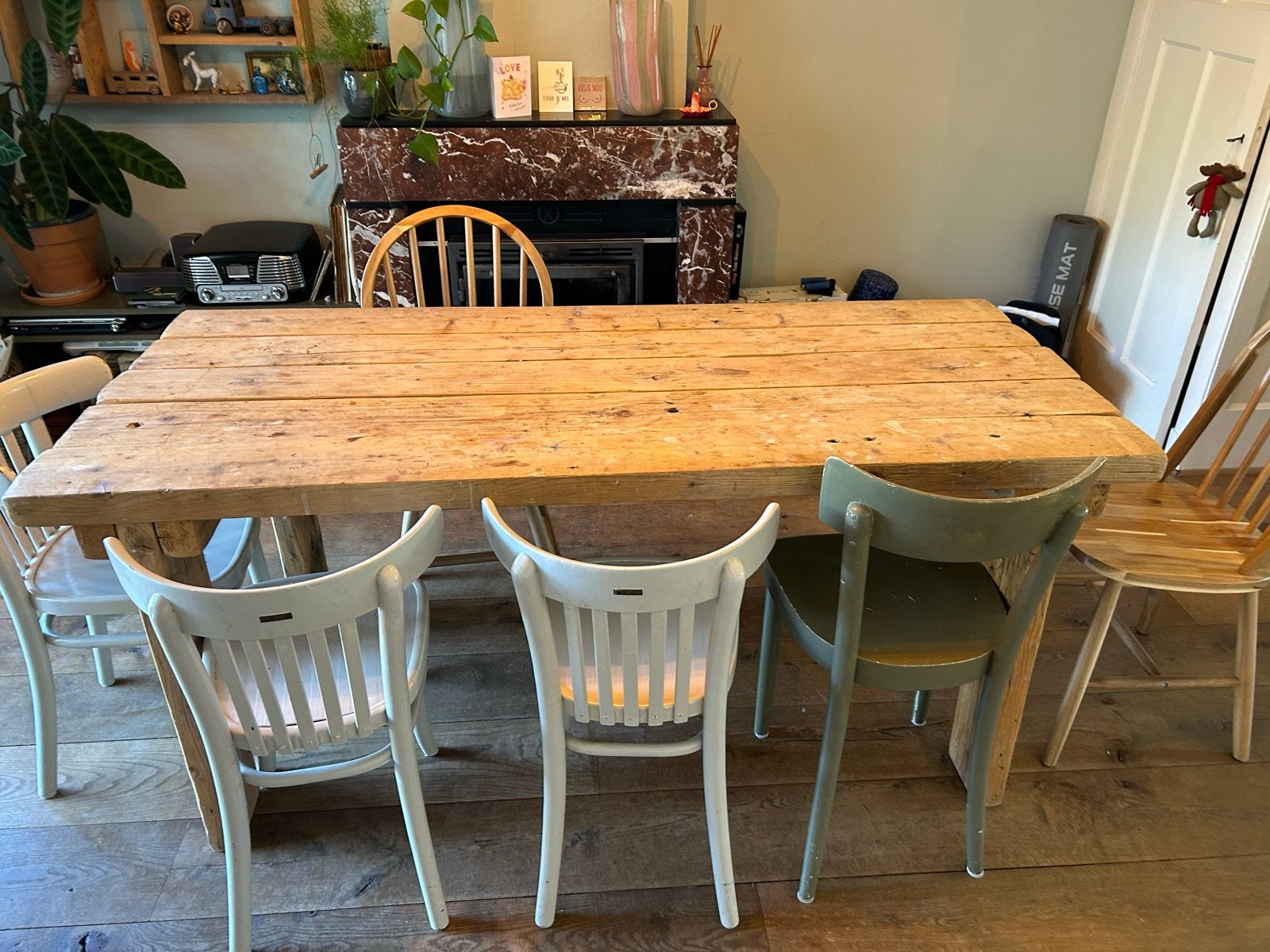 Robuuste houten eettafel van gerecycled hout, Ophalen, Gebruikt, 50 tot 100 cm, 150 tot 200 cm