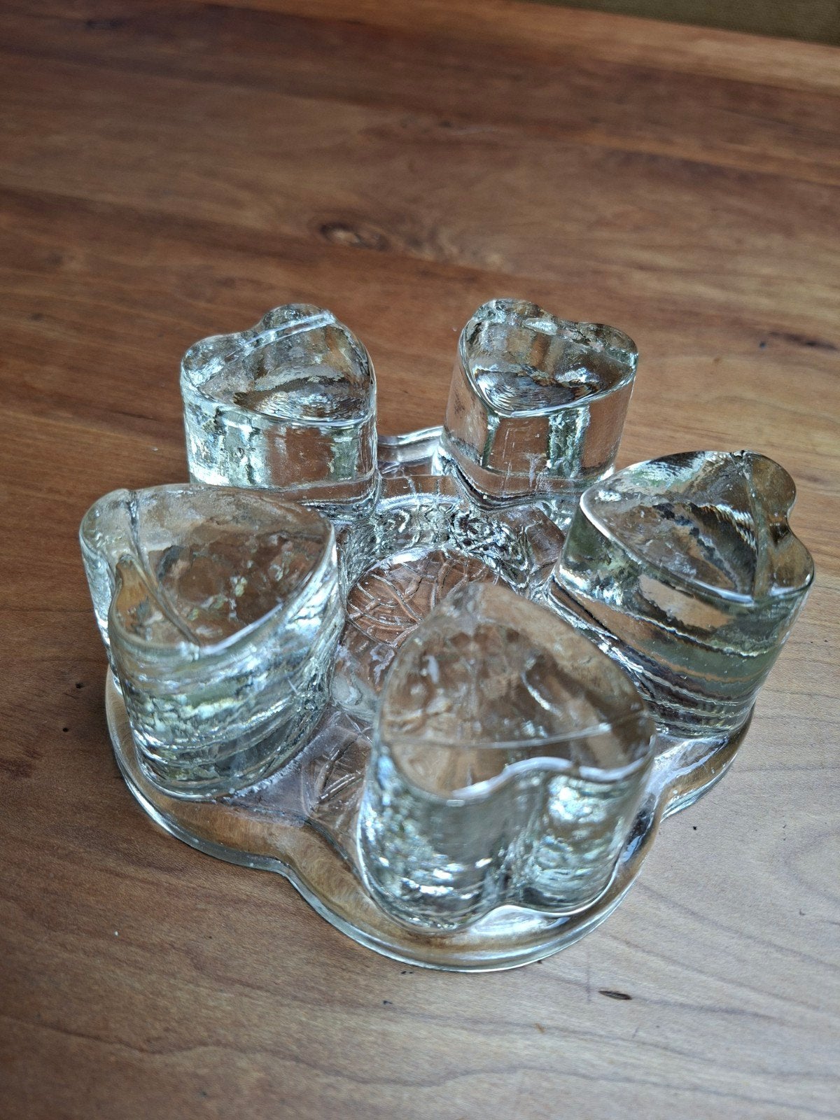 Glazen waxinelichthouder met 5 hartvormige houders, Ophalen of Verzenden, Gebruikt, Glas, Waxinelichthouder