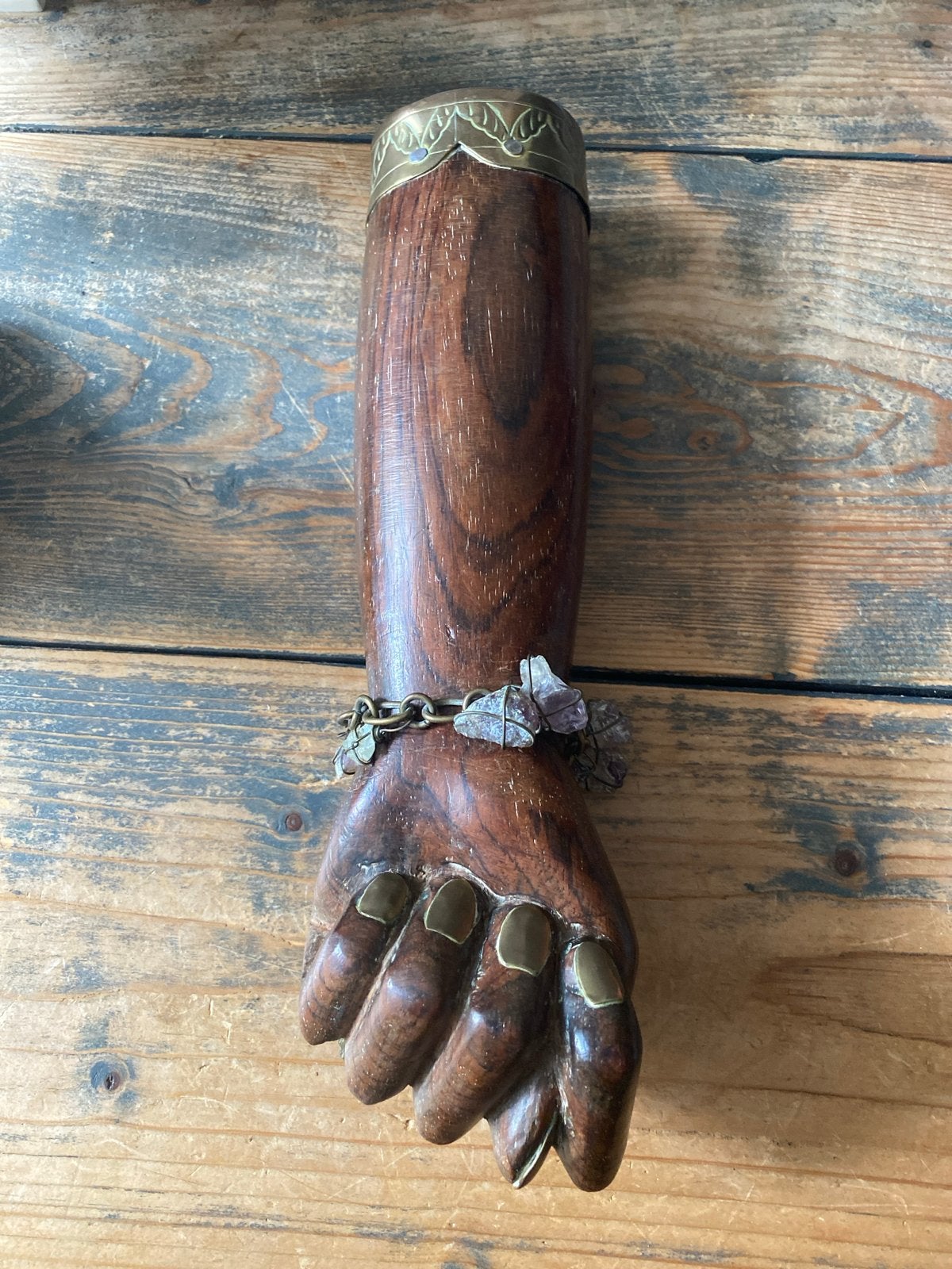 Uniek figa beeldje, houten hand messing detail, sieraden, Ophalen of Verzenden
