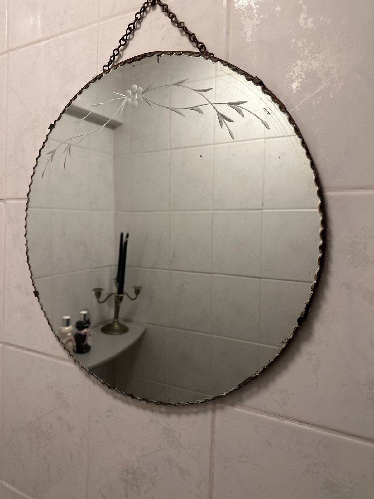 Vintage ronde spiegel met geëtst bloemmotief, Ophalen of Verzenden, Rond, Minder dan 50 cm, Minder dan 100 cm