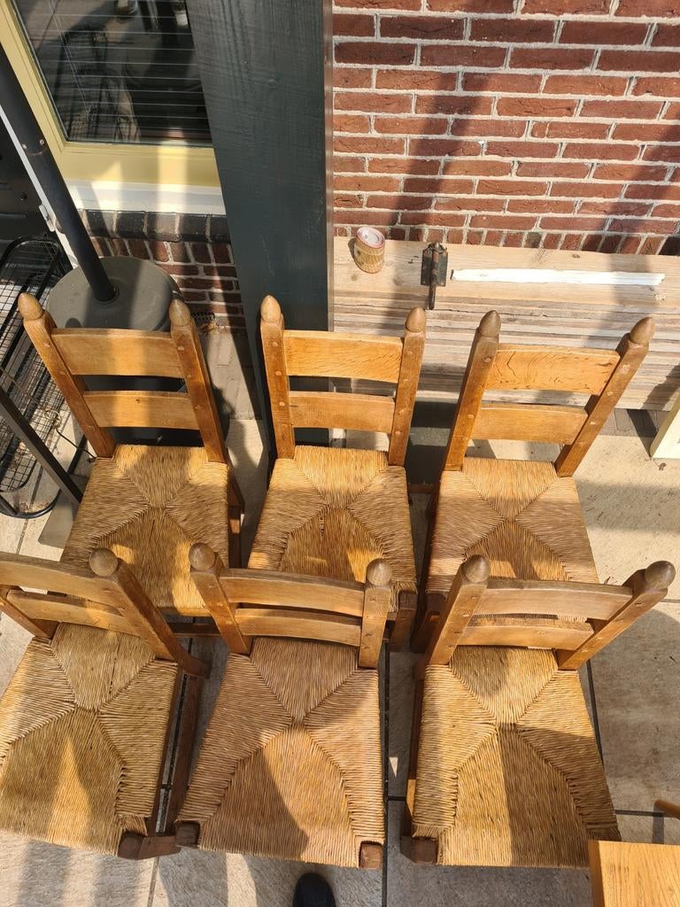 Massief eiken eetkamerstoelen, Huis en Inrichting, Stoelen, Ophalen of Verzenden, Gebruikt, Bruin, Vijf, Zes of meer stoelen