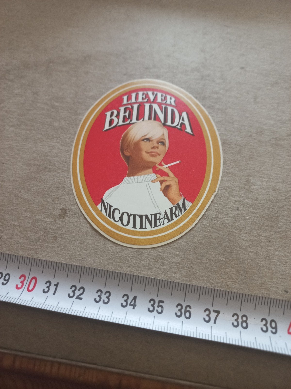Vintage Belinda Nicotine-Arm Sticker, Ophalen of Verzenden