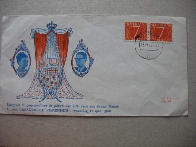Brief Koninklijk Huis geboorte Prins van Oranje Nassau 1968, Verzenden, Envelop