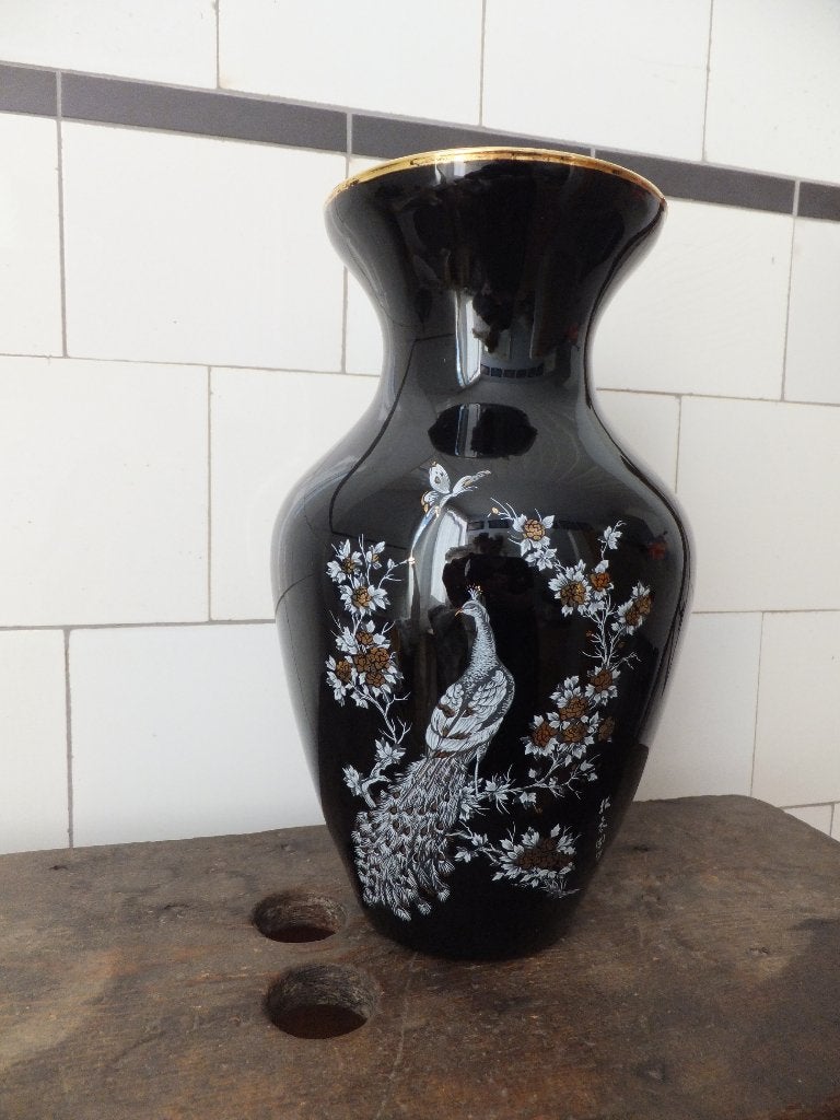 grote antieke vaas opaline zwart goud pauw hollywood regency, Ophalen