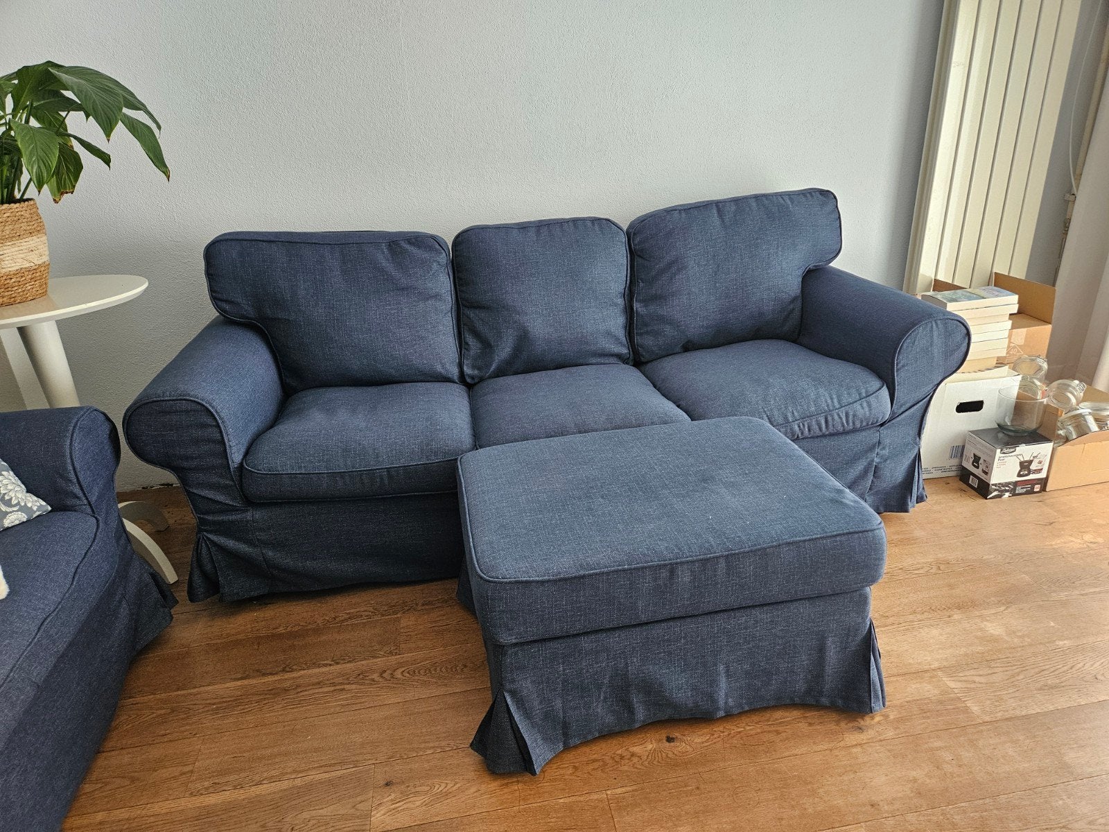 Ikea EKTORP 3-zits + poef kilanda donkerblauw, Ophalen, 90 cm, Blauw, Zo goed als nieuw