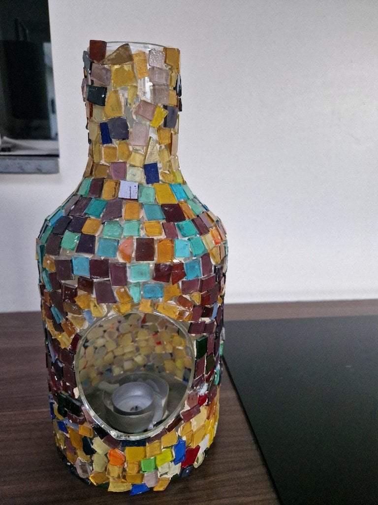 mooie custommade mozaïek vaas voor waxinelicht, Ophalen of Verzenden, Zo goed als nieuw, Glas