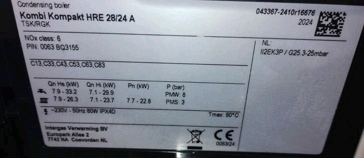 Intergas HRE 28/24 A 19.03.2025 geplaatst-zie factuur🚿CW4🔥, Doe-het-zelf en Verbouw, Verwarming en Radiatoren, Ophalen, 30 tot 80 cm
