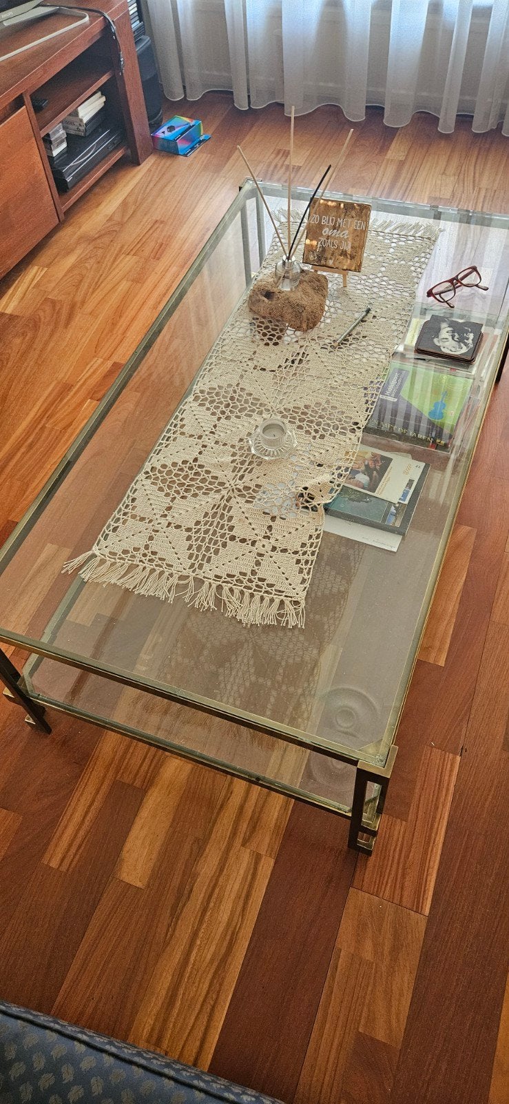 Glazen salontafel met metalen frame, Ophalen, Gebruikt, 100 tot 150 cm, 50 tot 100 cm