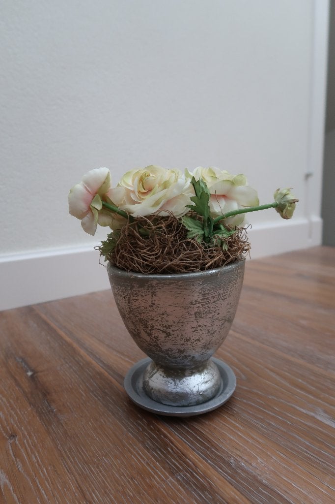 Zilverkleurig steen potje met kunst ranonkel geel, Binnen, Overige materialen, Ophalen of Verzenden, Zo goed als nieuw