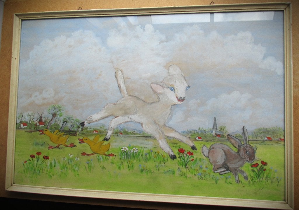 Lammetje in weide~Schilderij Gesigneerd~Aquarel E.J. van Nie, Ophalen of Verzenden