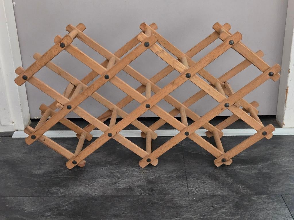 Vintage houten uittrekbaar wijnrek voor 10 flessen., Ophalen, Gebruikt, 5 tot 15 flessen, Minder dan 50 cm