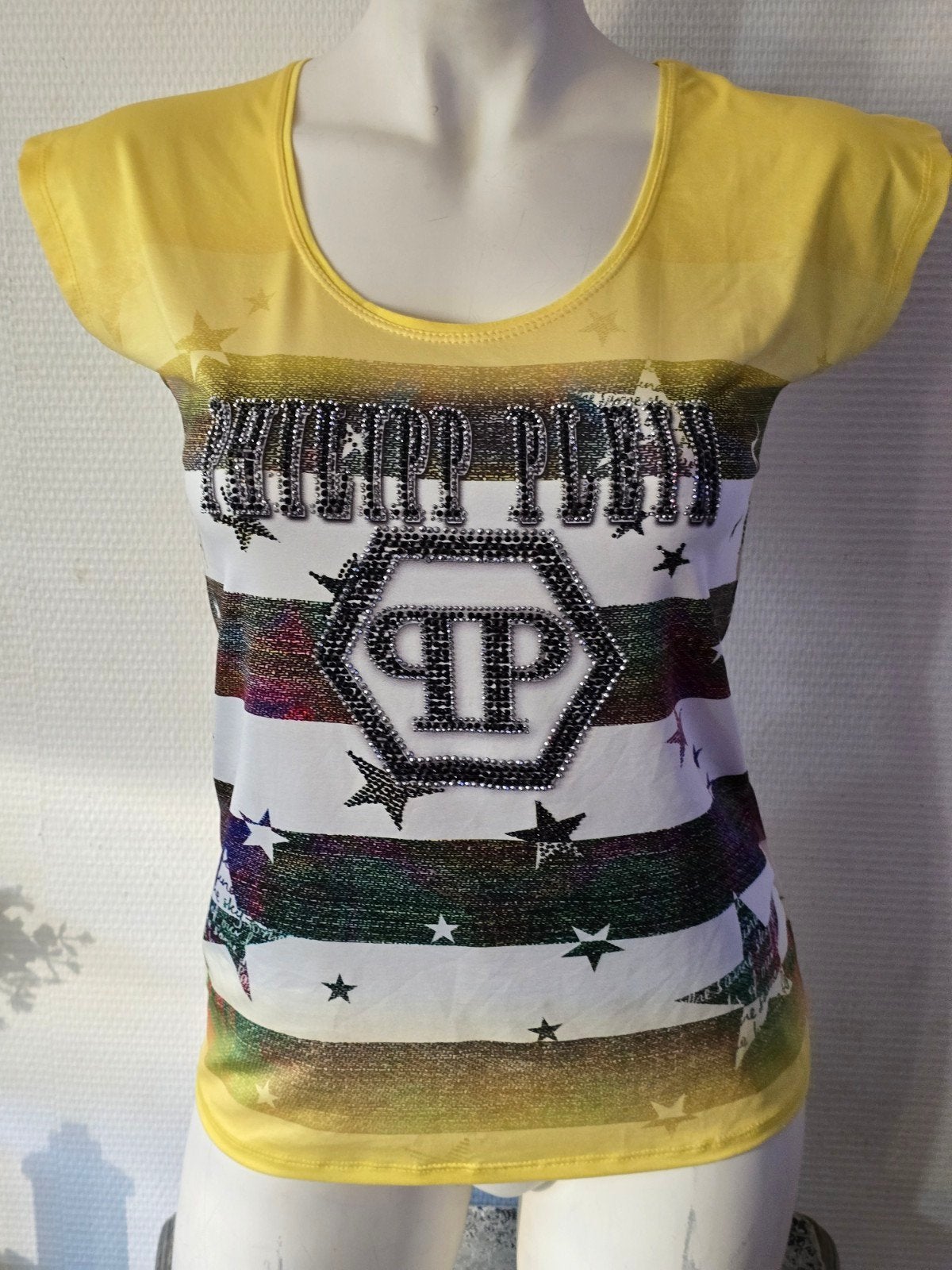 Philipp Plein T-shirt met strass steentjes - Maat M, Maat 38/40 (M), Geel, Ophalen of Verzenden, Zo goed als nieuw