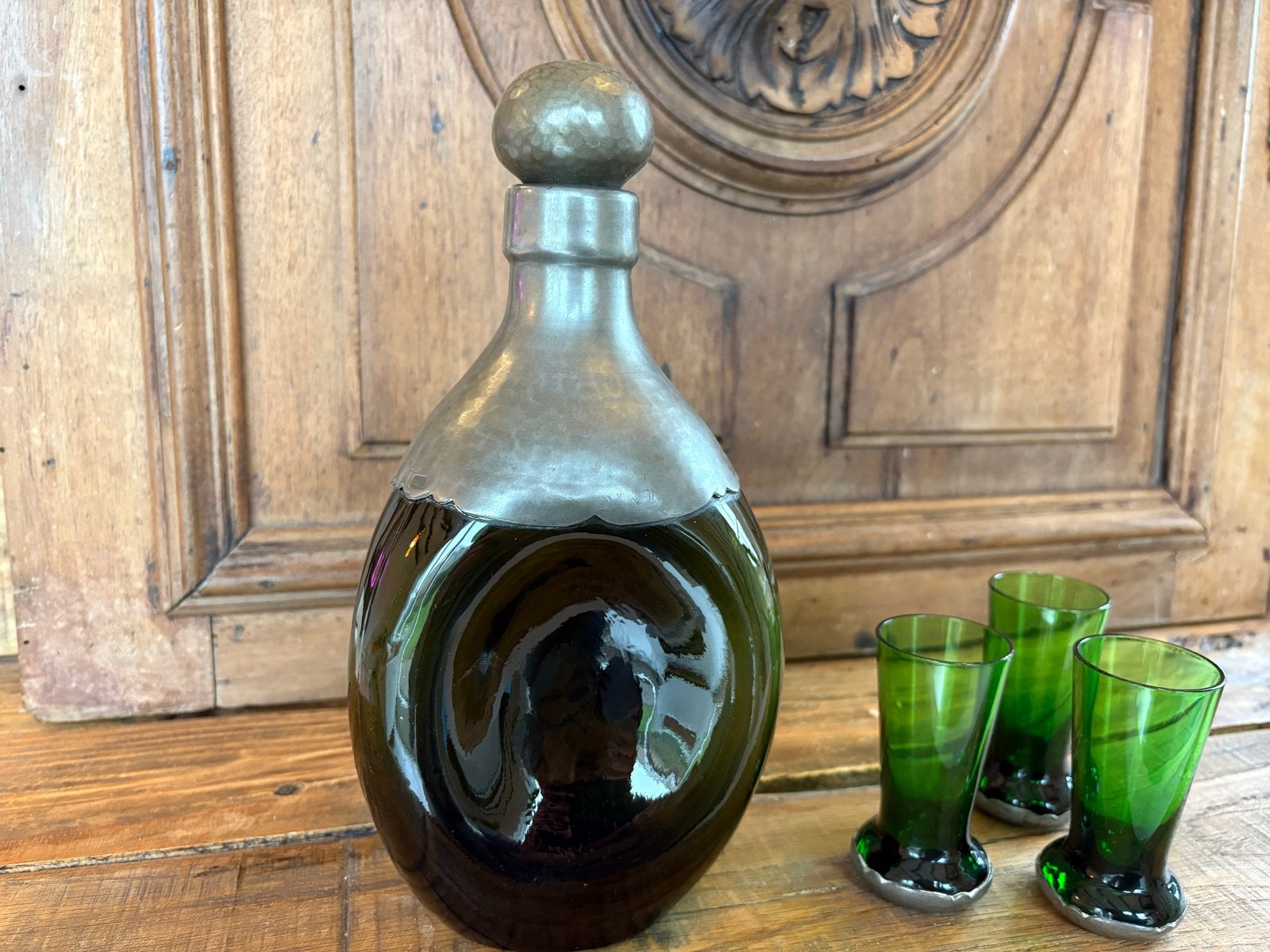 Gero karaf en borrelglaasjes tin groen glas, Antiek en Kunst, Antiek | Glas en Kristal, Ophalen of Verzenden