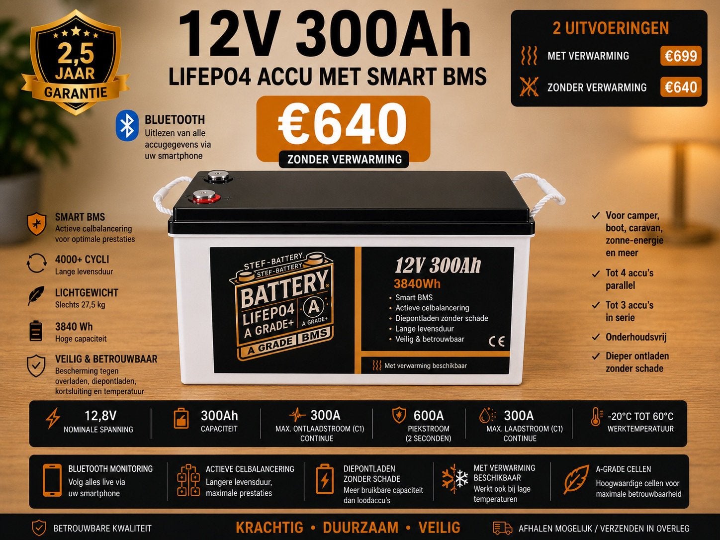 12V 300Ah PREMIUM LiFePO4 ACCU – SMART BMS + BLUETOOTH, Ophalen of Verzenden, Nieuw