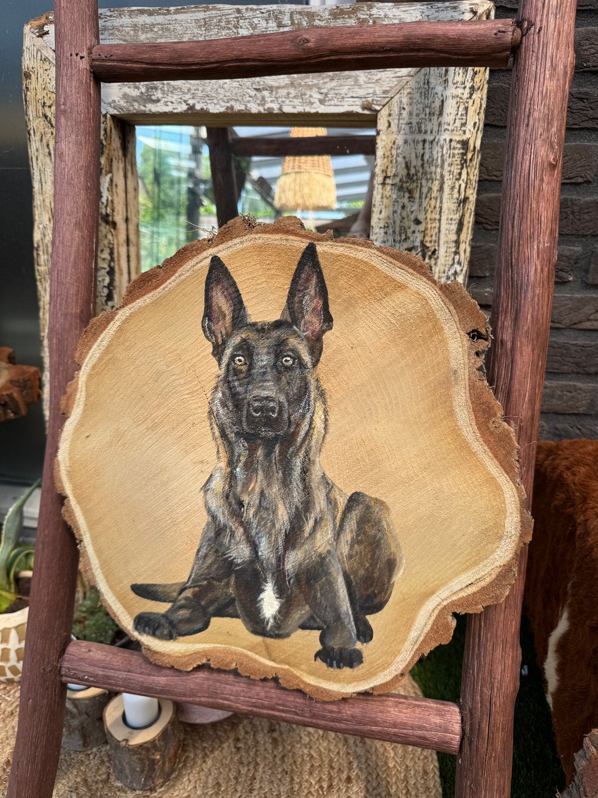 Schilderij op boomschijf Hollandse herder, Acrylverf, Realistisch, Overige ondergronden, Dieren
