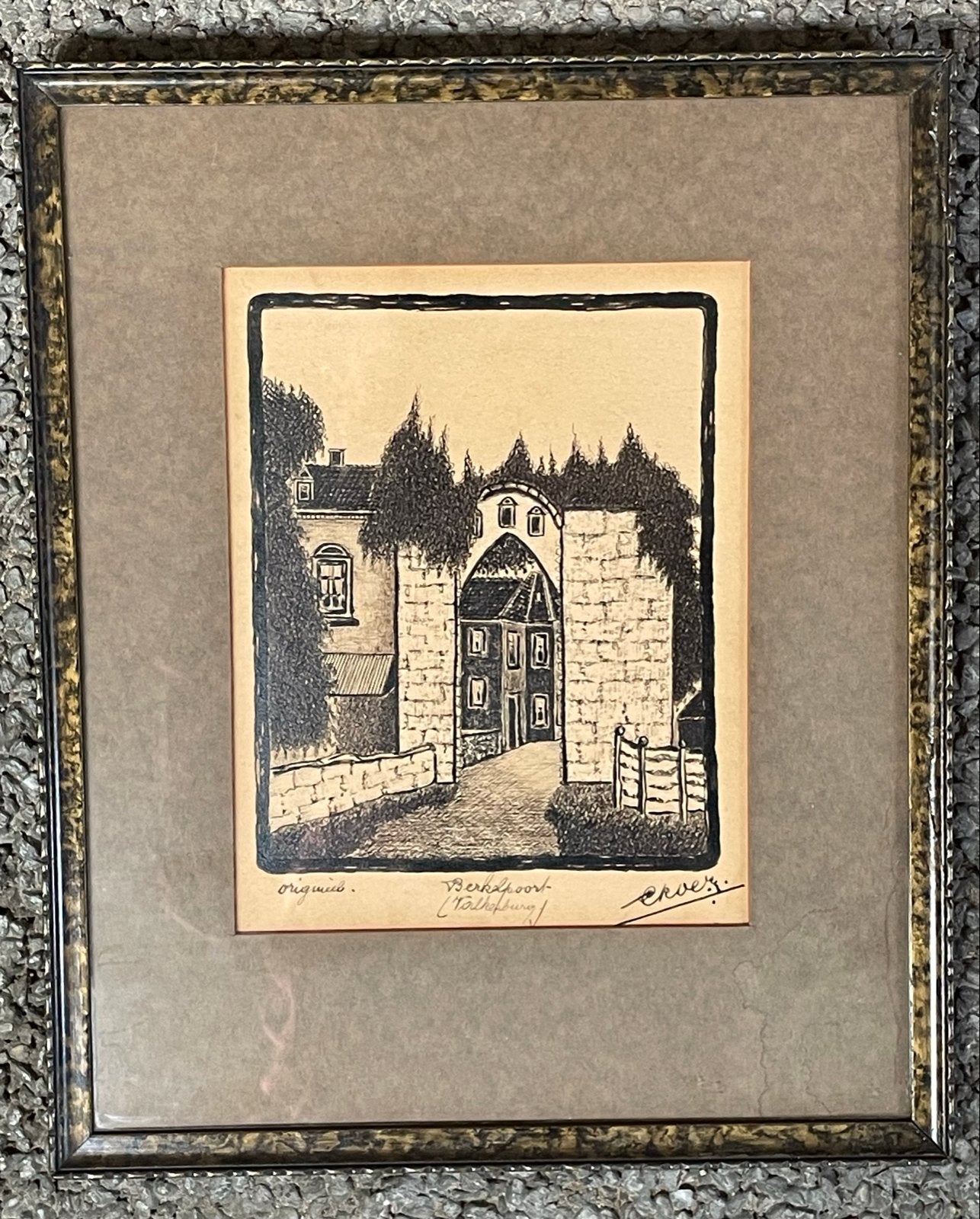 Originele pentekening 'Berkelpoort Valkenburg' ges.’Croes’, Ophalen of Verzenden, Tekening, Pentekening, Achter glas