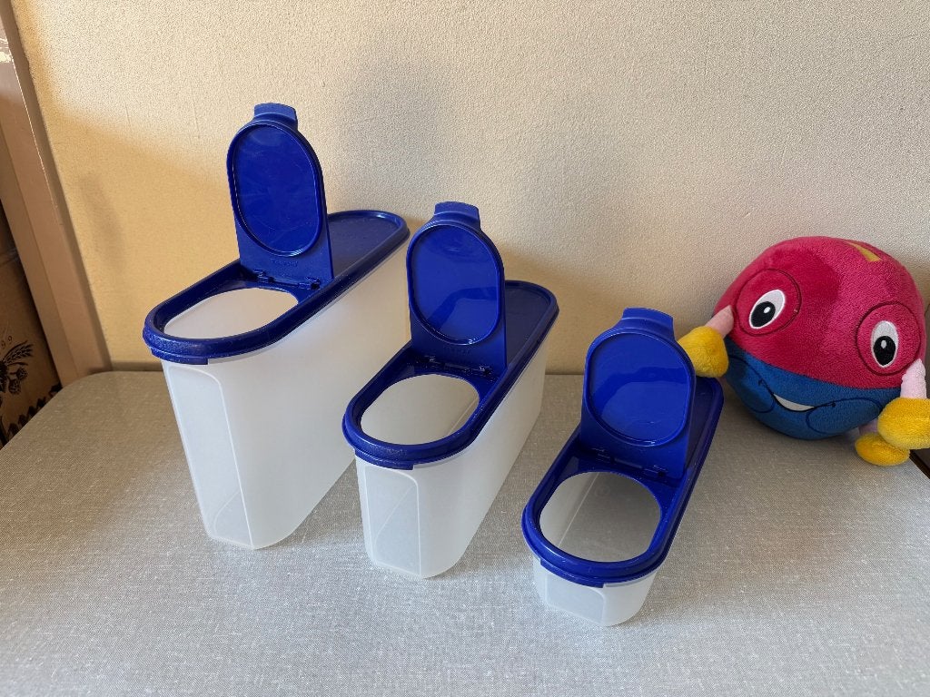4 RUIMTESPAARDERS met verdeelklep TUPPERWARE lang model, Bewaardoos, Blauw, Met deksel, Ophalen of Verzenden