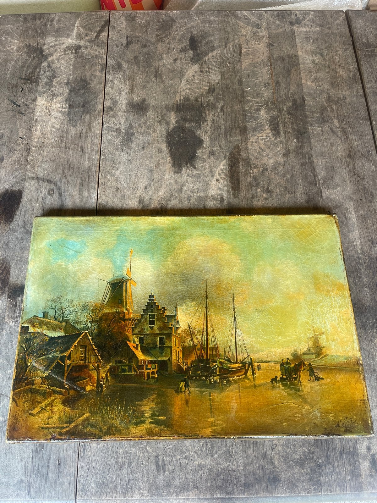 Oud Hollands tafereel: Molen aan het water, Ophalen, Maritiem / water, Doek, Oud hollands
