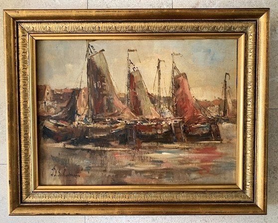 Botters in Zuiderzee haven - David Schulman (1881-1966), Antiek en Kunst, Impressionistisch, Ophalen of Verzenden, Bijzondere lijst