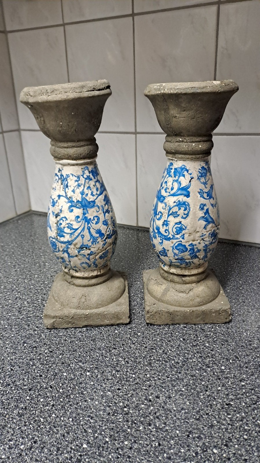 Set van 2 decoratieve pilaren/kandelaars met blauw patroon, Ophalen of Verzenden