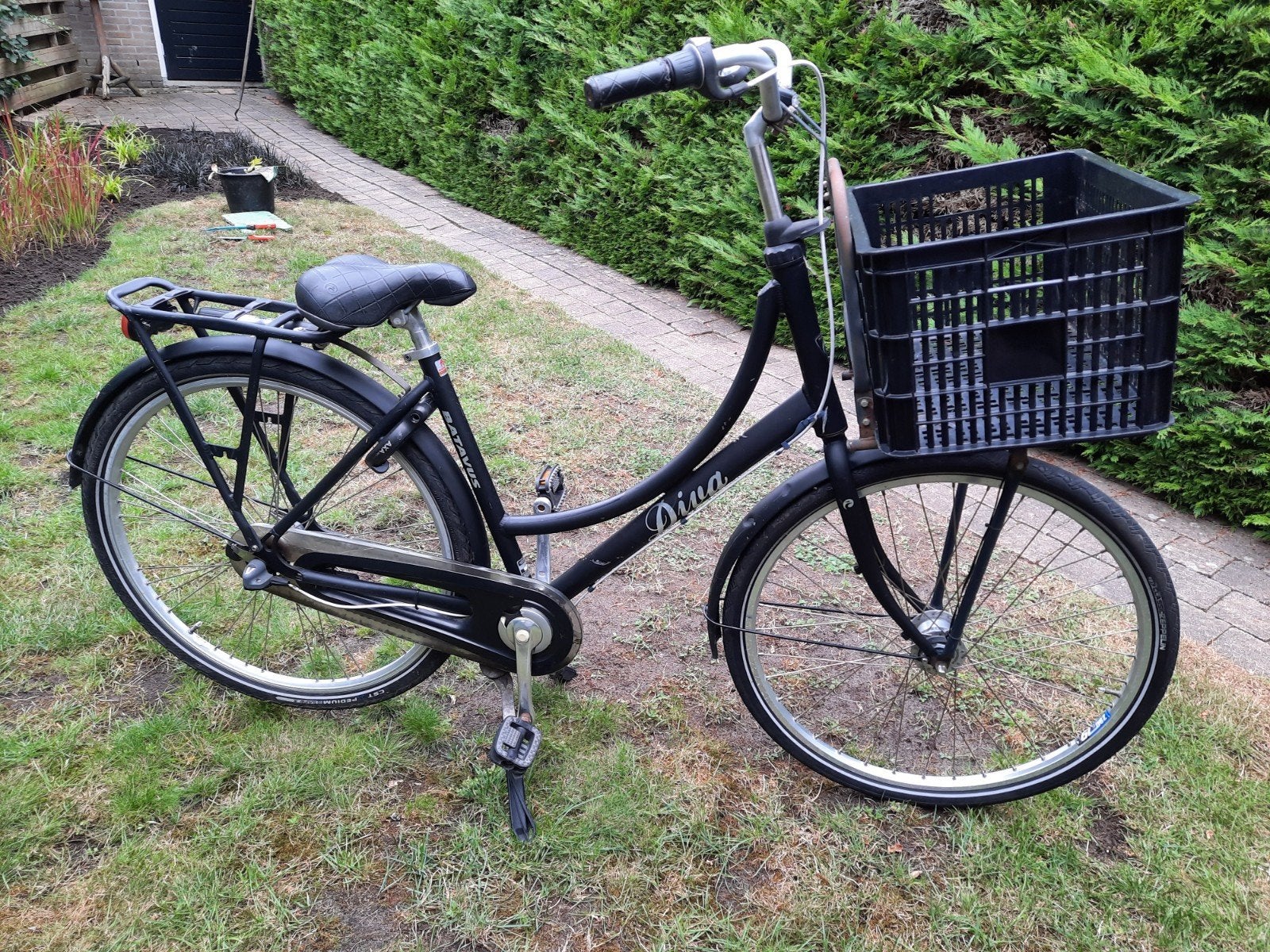 Batavus Diva transportfiets met krat, frame 50cm, Fietsen en Brommers, Fietsen | Dames | Damesfietsen, Ophalen, Terugtraprem, Gebruikt