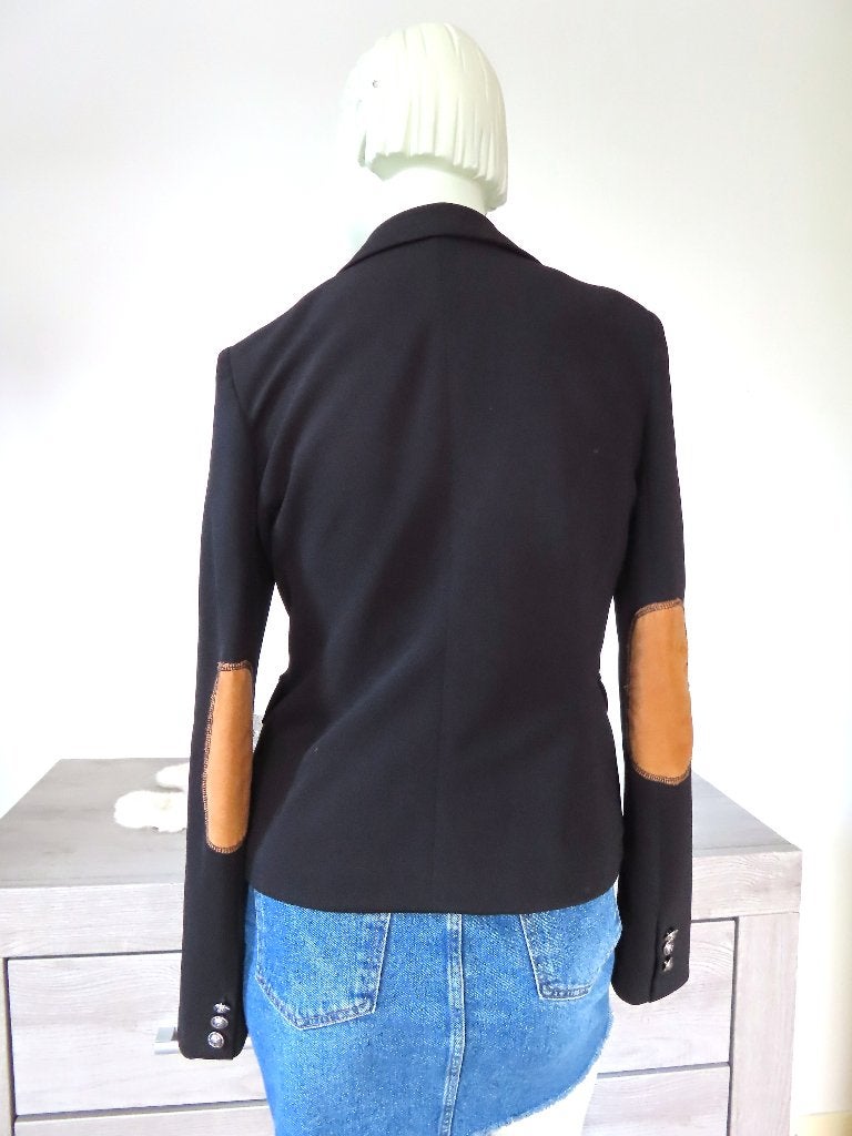 MISS K Zwarte Blazer met Bruine Elleboogpatches L 40, Maat 42/44 (L), Ophalen of Verzenden, Zo goed als nieuw, Jasje