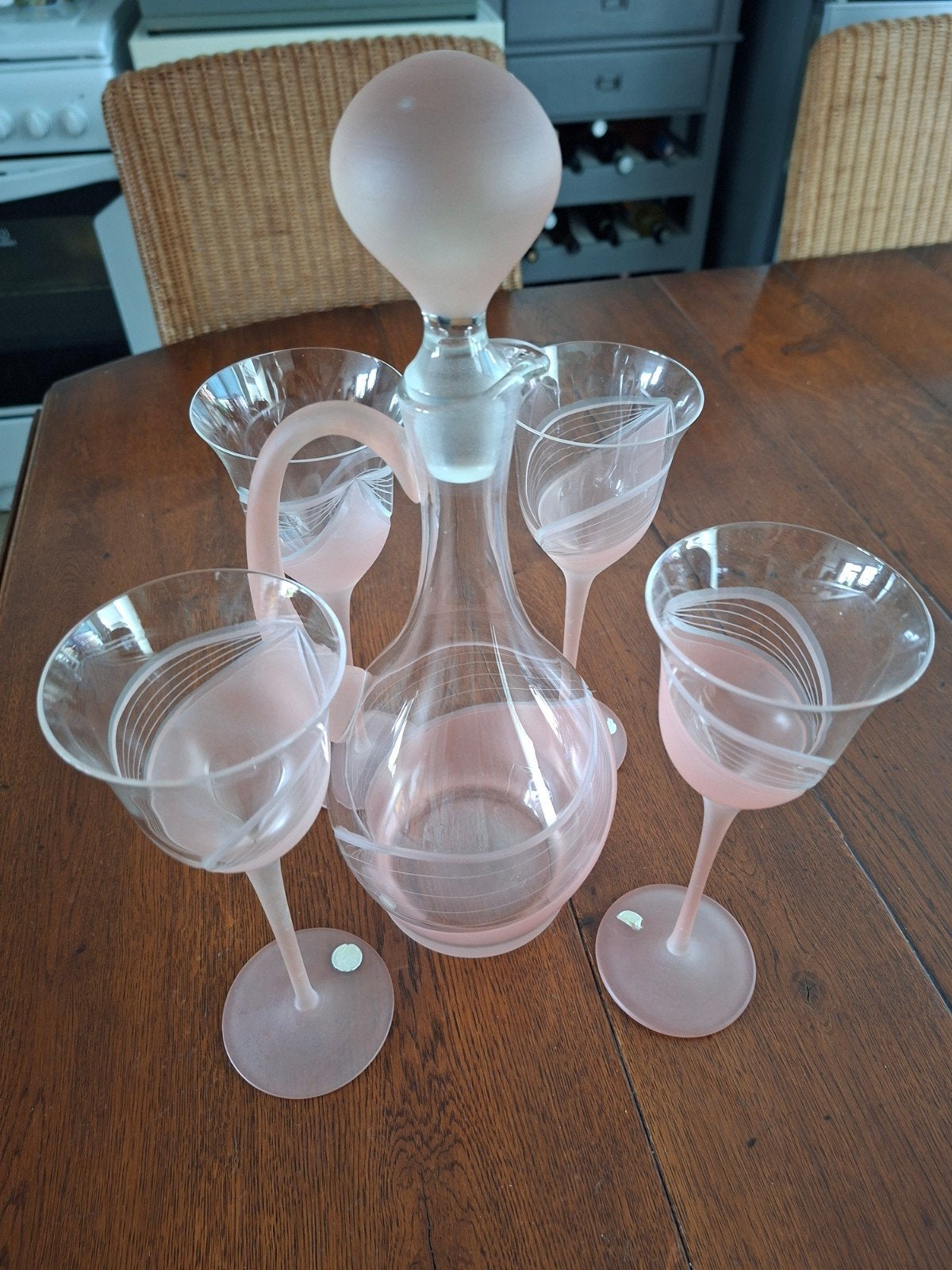 Vintage roze karaf met 4 glazen - Art Deco stijl, Ophalen of Verzenden