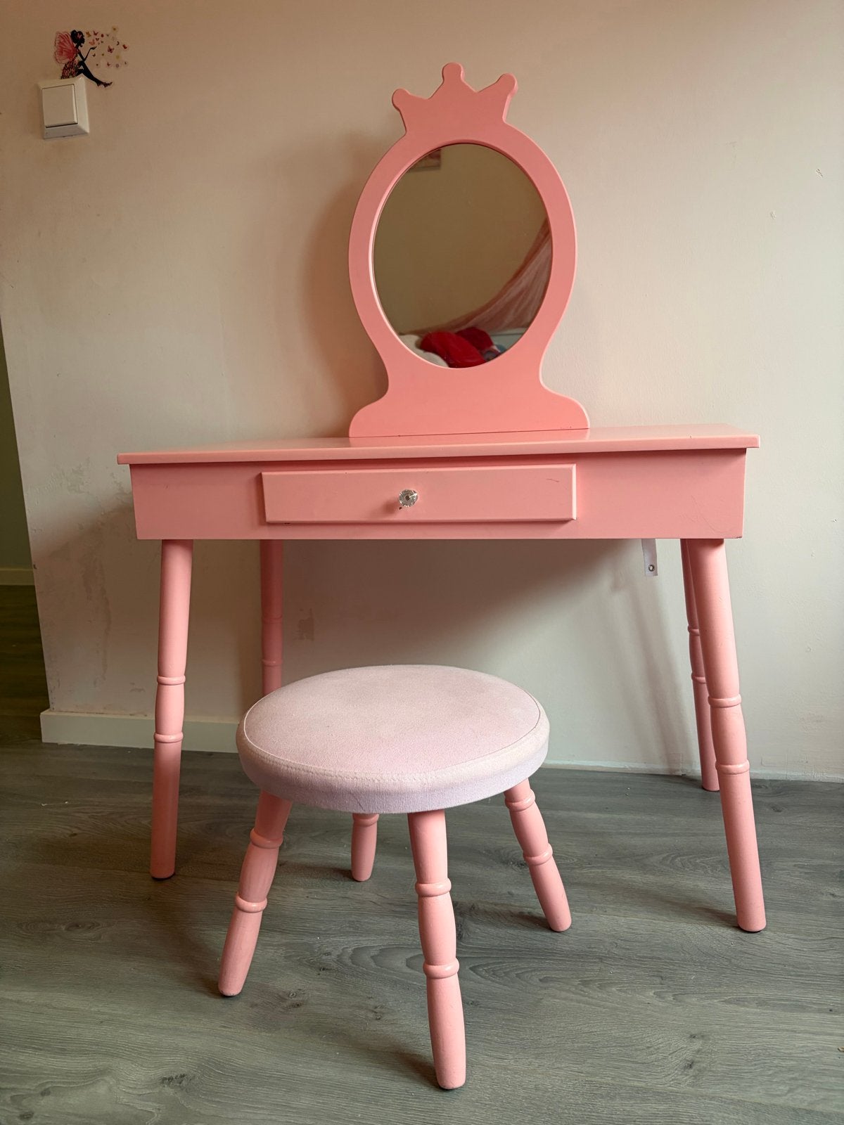 Roze kaptafel met spiegel en krukje voor kinderen, Ophalen of Verzenden, Gebruikt, Tafel(s) en Stoel(en)