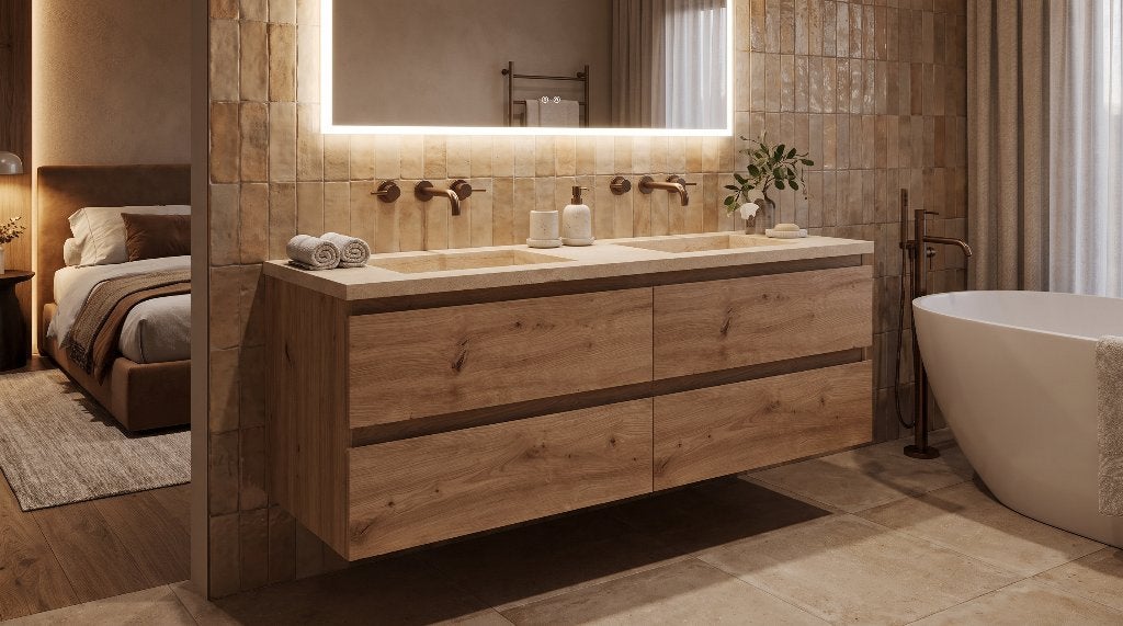Luxe badmeubelset 140 cm met échte travertin wastafel, Ophalen, 100 tot 150 cm, Nieuw, Minder dan 100 cm