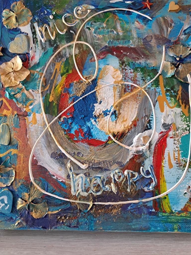 Mixed media schilderij 'nice & happy' 40x49 cm, Ophalen of Verzenden