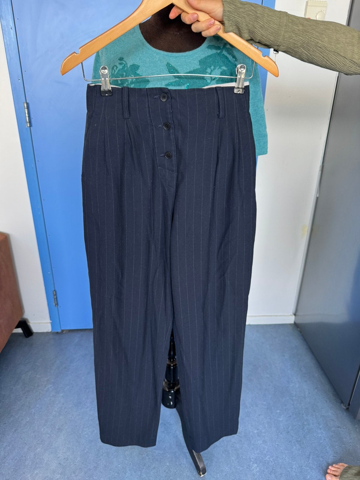 Sandro Womens Pinstriped High Waist Navy Trousers Size 36, Maat 36 (S), Lang, Gedragen, Verzenden