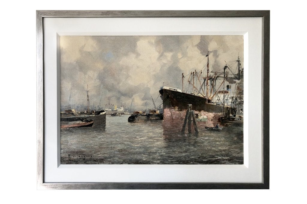 Maritiem havengezicht, gesigneerd, ingelijst, Ophalen, Maritiem / water, Doek, Impressionistisch