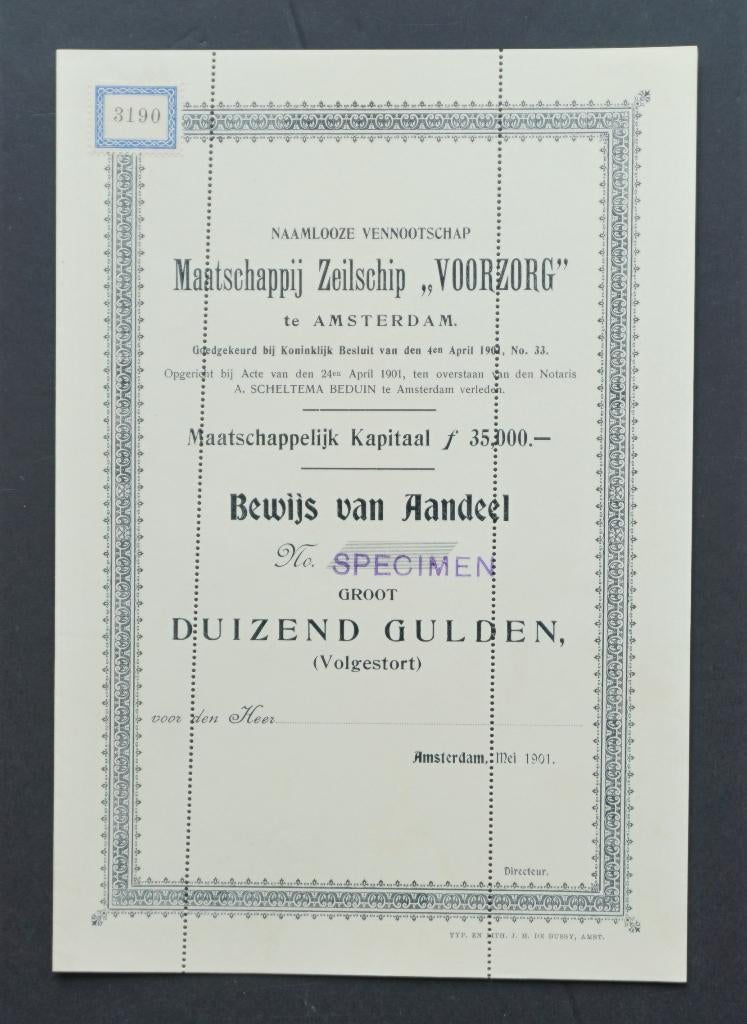 Maatschappij Zeilschip Voorzorg - Amsterdam 1901, Postzegels en Munten, Verzenden, Voor 1920, Aandeel