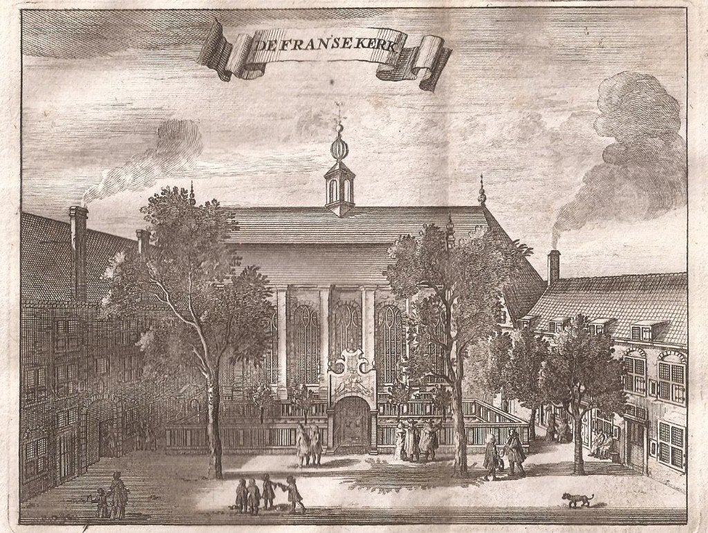 Amsterdam. De Franse Kerk Kopergravure, Antiek en Kunst, Gravure, 12 cm, 1600 - 1699, Ophalen of Verzenden