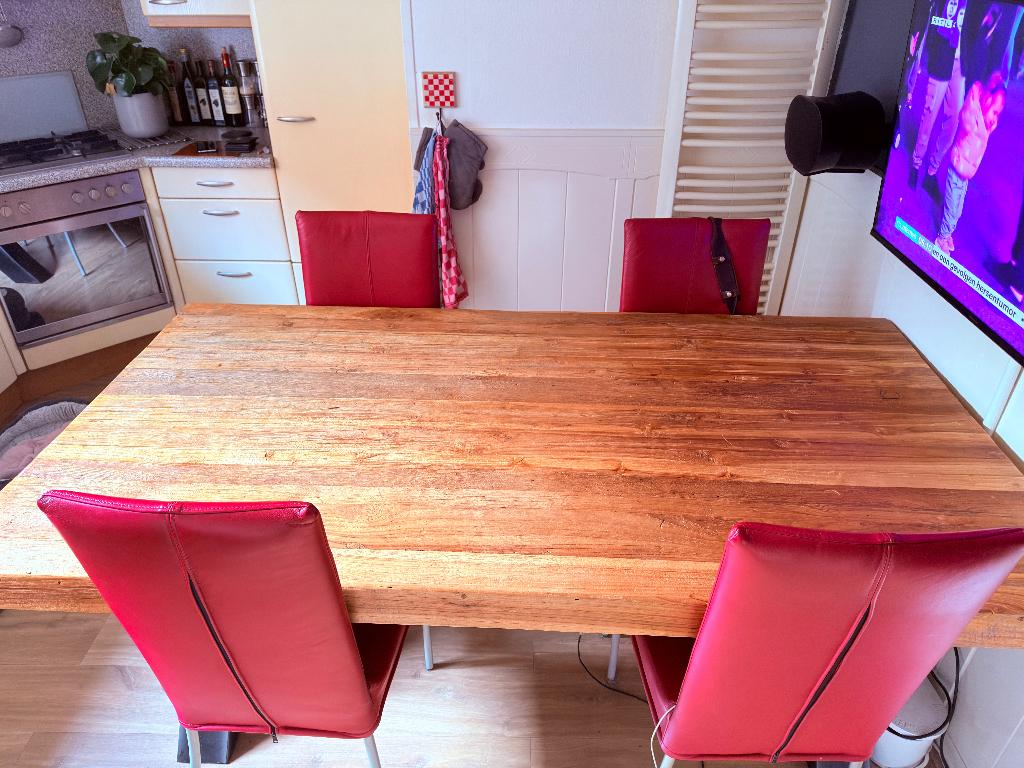 ✅  Zeer Mooie Tafel Massief Teak Met X Poten Staal, Ophalen, Teakhout, 50 tot 100 cm, Zo goed als nieuw
