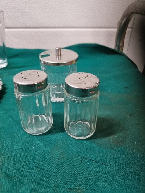 tafelset zout peper mosterd vintage glas, Ophalen of Verzenden, 'T Olde Gre-j, Info@toldegrej.nl, Endepoelstraat 20f Didam