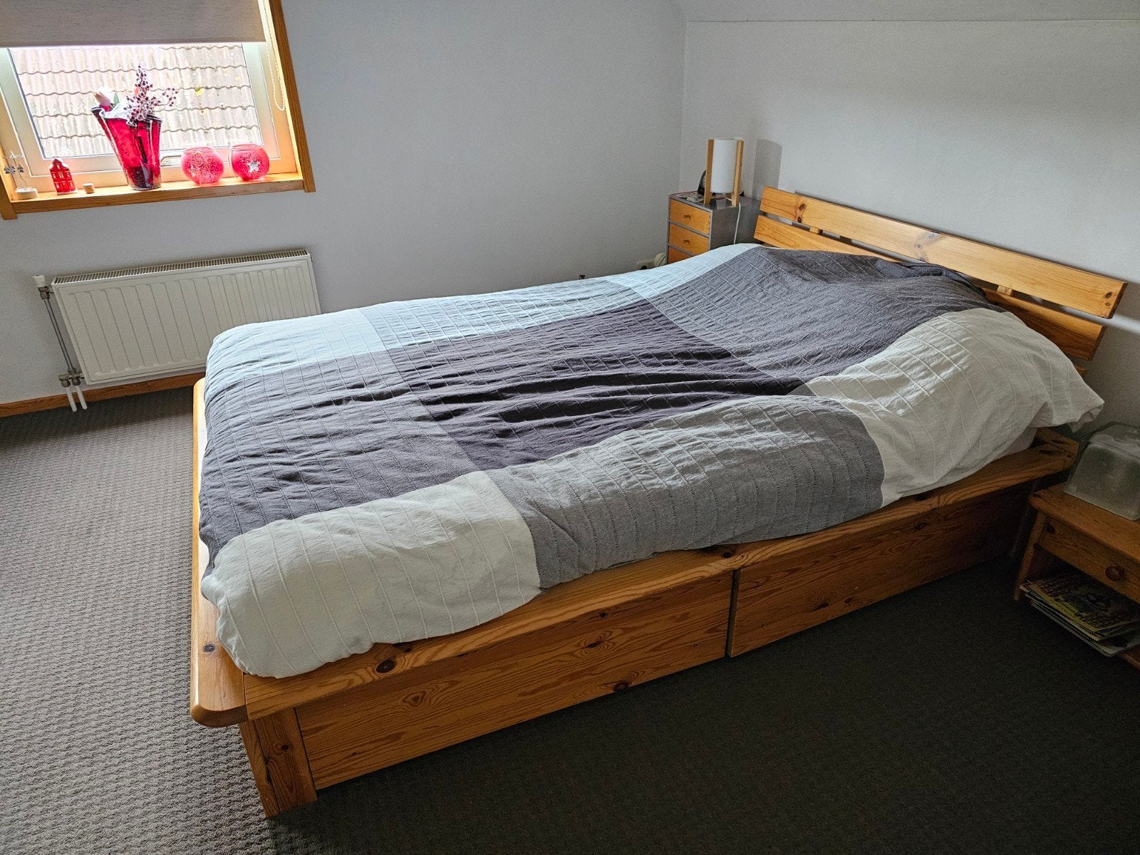 Grenen 2 persoonsbed, Huis en Inrichting, Slaapkamer | Bedden, Ophalen, Gebruikt, Bruin, Tweepersoons