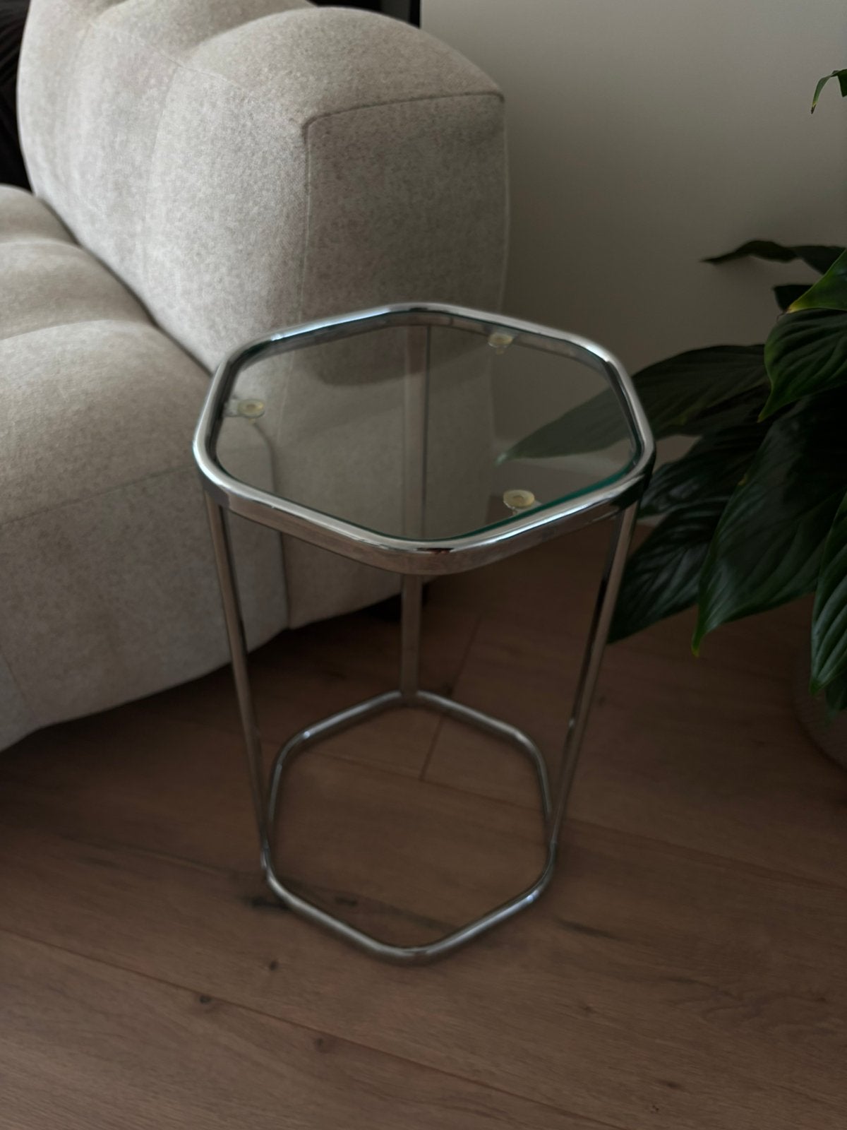 Vintage chrome bijzettafel met glazen plaat – 45 cm, Ophalen of Verzenden, Zo goed als nieuw, Rond, Glas