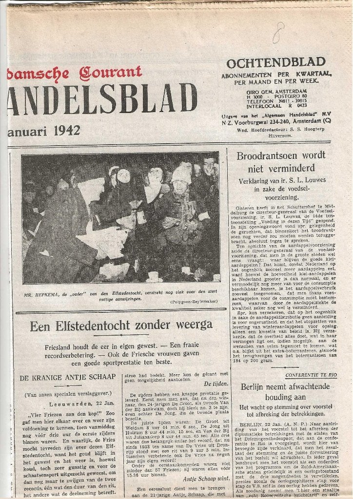 Algemeen-Handelsblad-Oude Krant -Elfstedentocht 1942-, Ophalen of Verzenden, 1940 tot 1960, Nederland, Krant