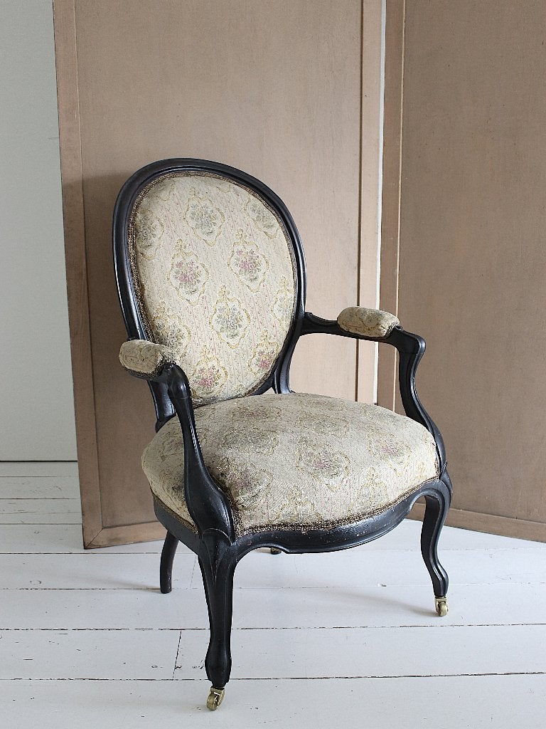 Antieke Franse Fauteuil op wieltjes, Bloemetjes stof., Ophalen