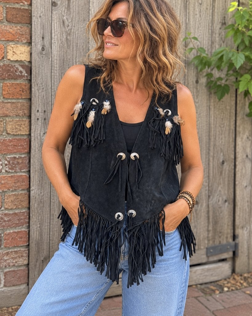 Gilet franjes en veren  Boho / Western / Ibiza  M t/m XL, Kleding | Dames, Zwart, Maat 46/48 (XL) of groter, Ophalen of Verzenden
