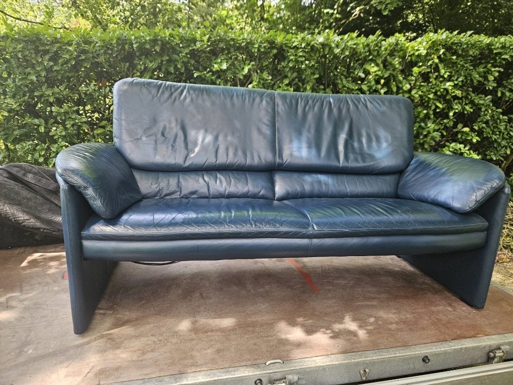 bank leder 2-3 zits lederen bank blauw, Gebruikt, 150 tot 200 cm, Tweepersoons, 75 tot 100 cm