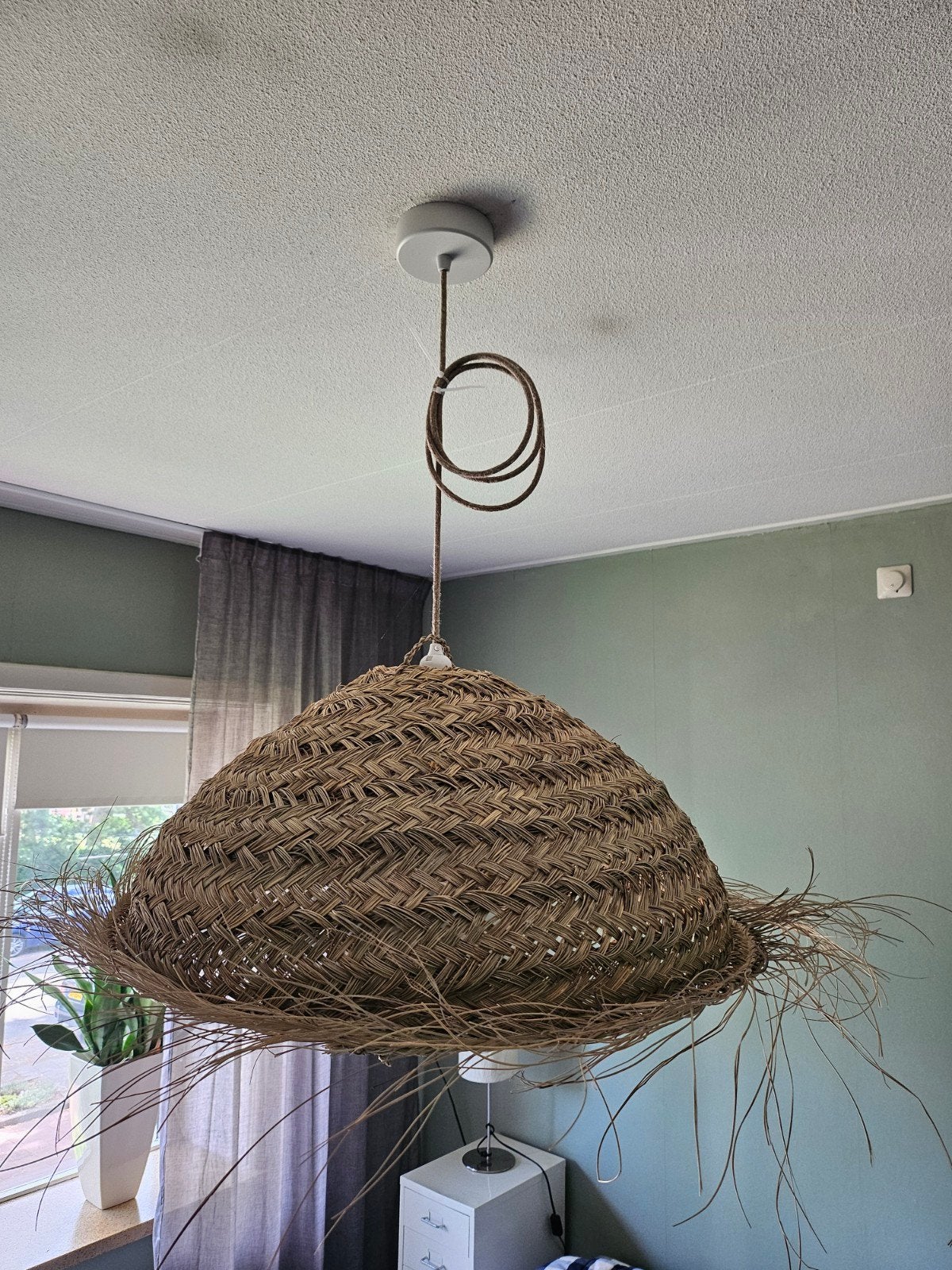 Zeegras Hanglamp Rond 60 cm met Elektrisch Systeem Linnen, Natuurlijk materiaal, Boho, Scandinavisch, Natuurlijk, Zo goed als nieuw