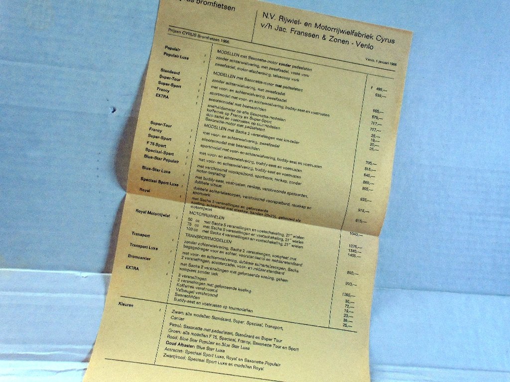 Cyrus Bromfietsen. Prijslijst 1966., Verzenden, Gebruikt, Overige typen